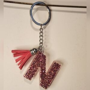 4 1/2” Handmade Letter “N” Resin Pink Glitter Tassel Keychain